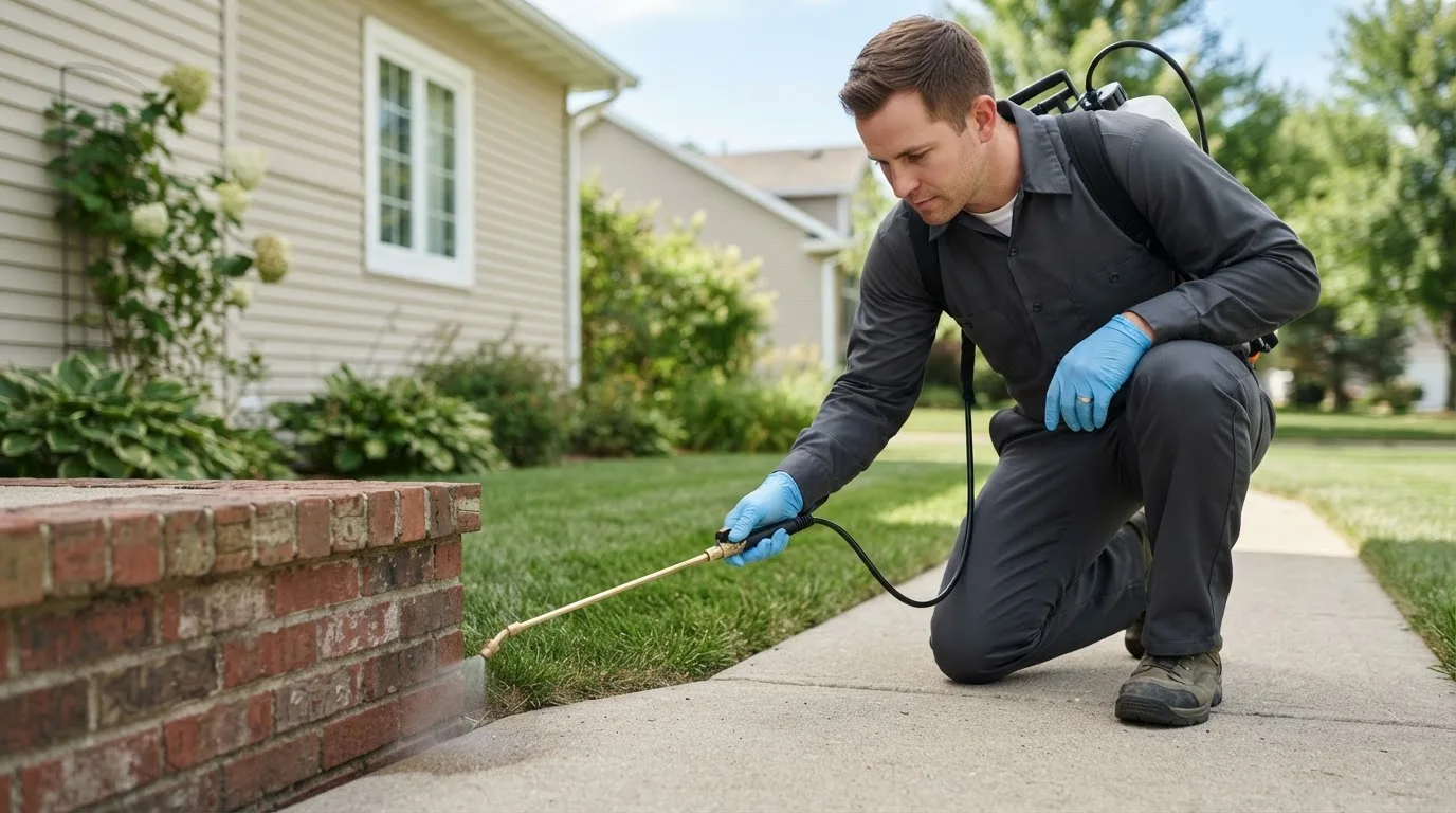Pest control technician treating a home near Excello, MO
