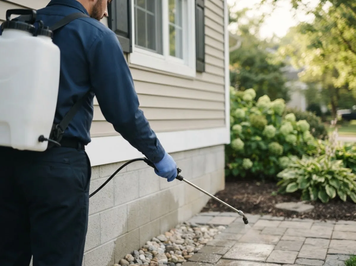 Pest control technician inspecting a home in Excello, MO